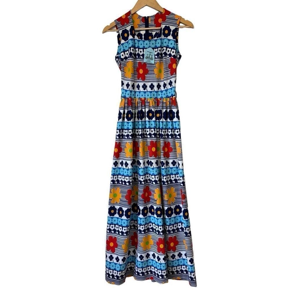 Vintage Bright Colorful Floral Maxi Dress Retro Women Hippie Boho